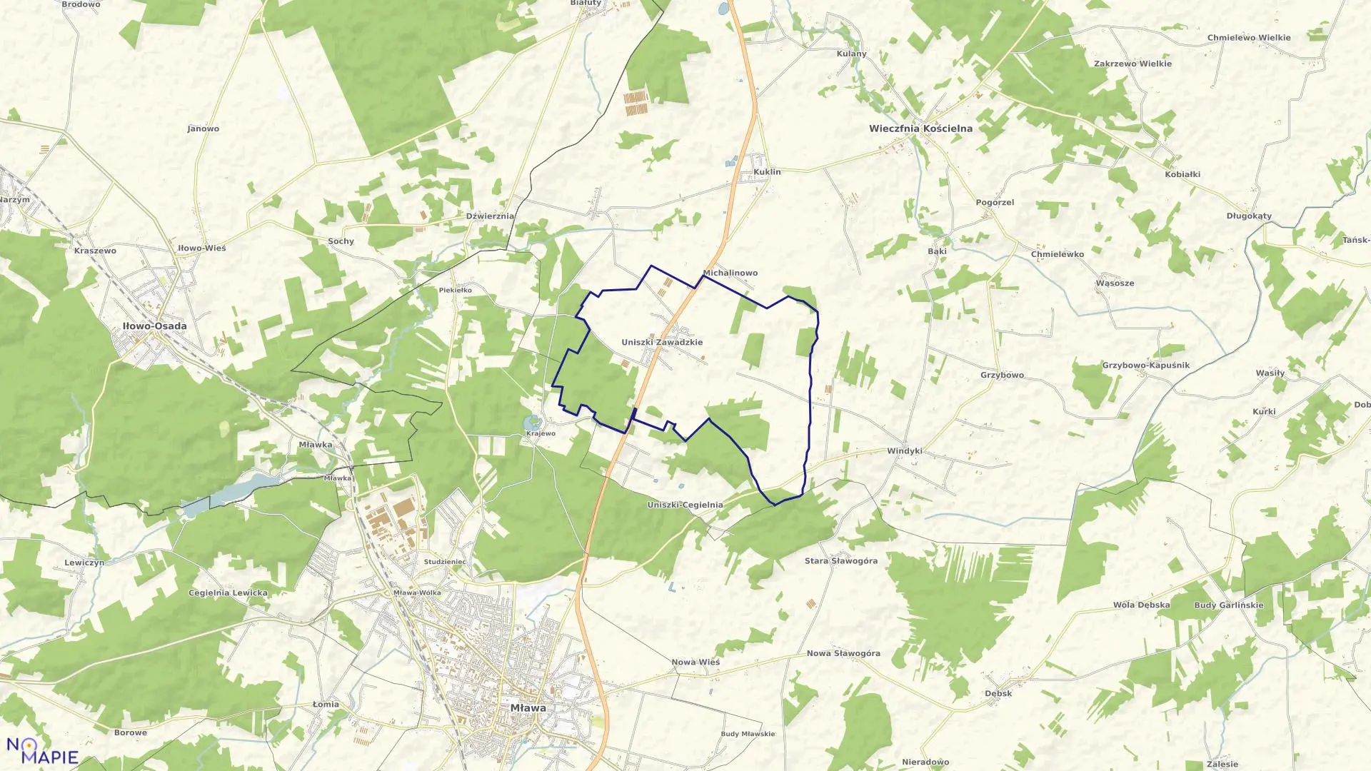 Mapa obrębu Uniszki Zawadzkie w gminie Wieczfnia Kościelna